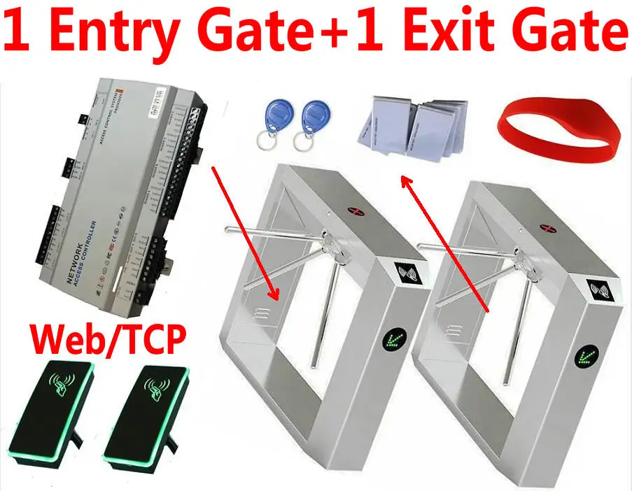 

1 Entrance Gate+1 Exit Gate=2 Tripod Turnstiles kit RFID EM Card Access Gate Reader+Web Network Access Controller Turnstile gate