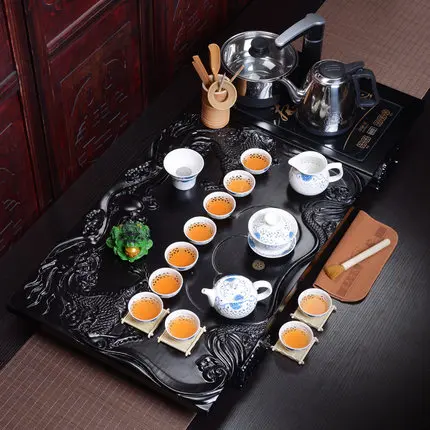 Китайский чайный набор из фиолетовой глины кунг-фу, домашние керамические чашки, чайный набор, электрическая Магнитная печь, чай, тайваньский деревянный поднос, чайная церемония - Цвет: 16 Set