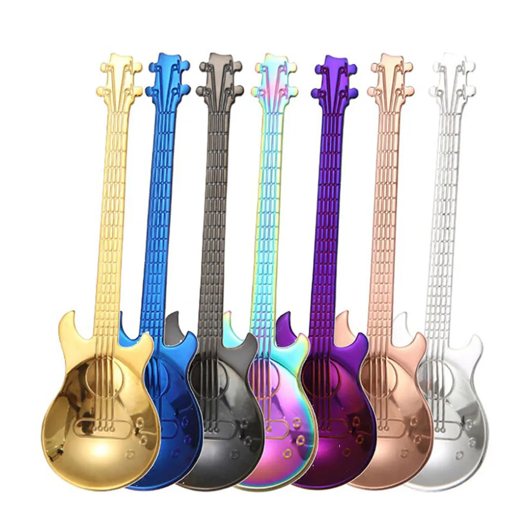 

7Pcs Coffee Spoon Teaspoon Guitar Pattern Stainless Steel Musical Tableware Cream Dessert Tea Spoons Kitchen Cooking Utensil