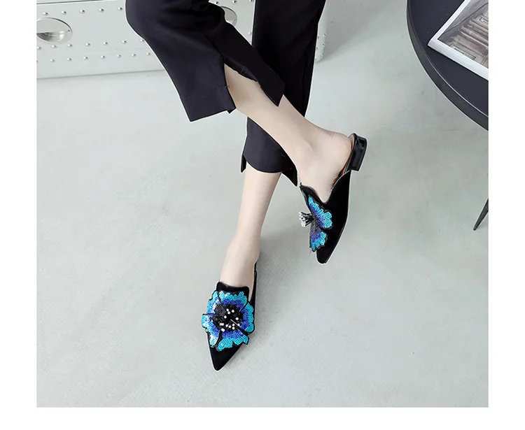 Phoentin цветок женские тапочки Уличная обувь новое поступление с острым носком Мюллер обувь черный плоский каблук натуральная кожа FT670