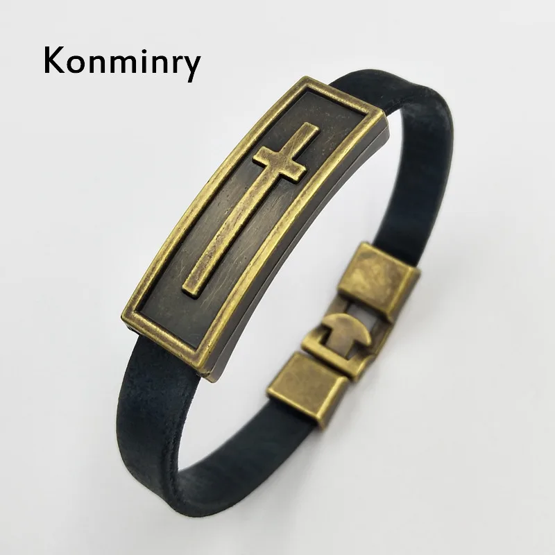 

Konminry Christian Cross Bronze Metal Pendant Bracelet & Bangles Devout Disciple Leather Bracelet for Men Women Jewelry