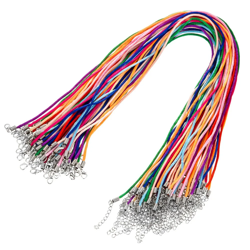 

SZanbana 60 Pieces 2.0 mm Satin Silk Necklace Cord 20 inches with 2 inches Extension Chain and Lobster Clasp, Multicolor