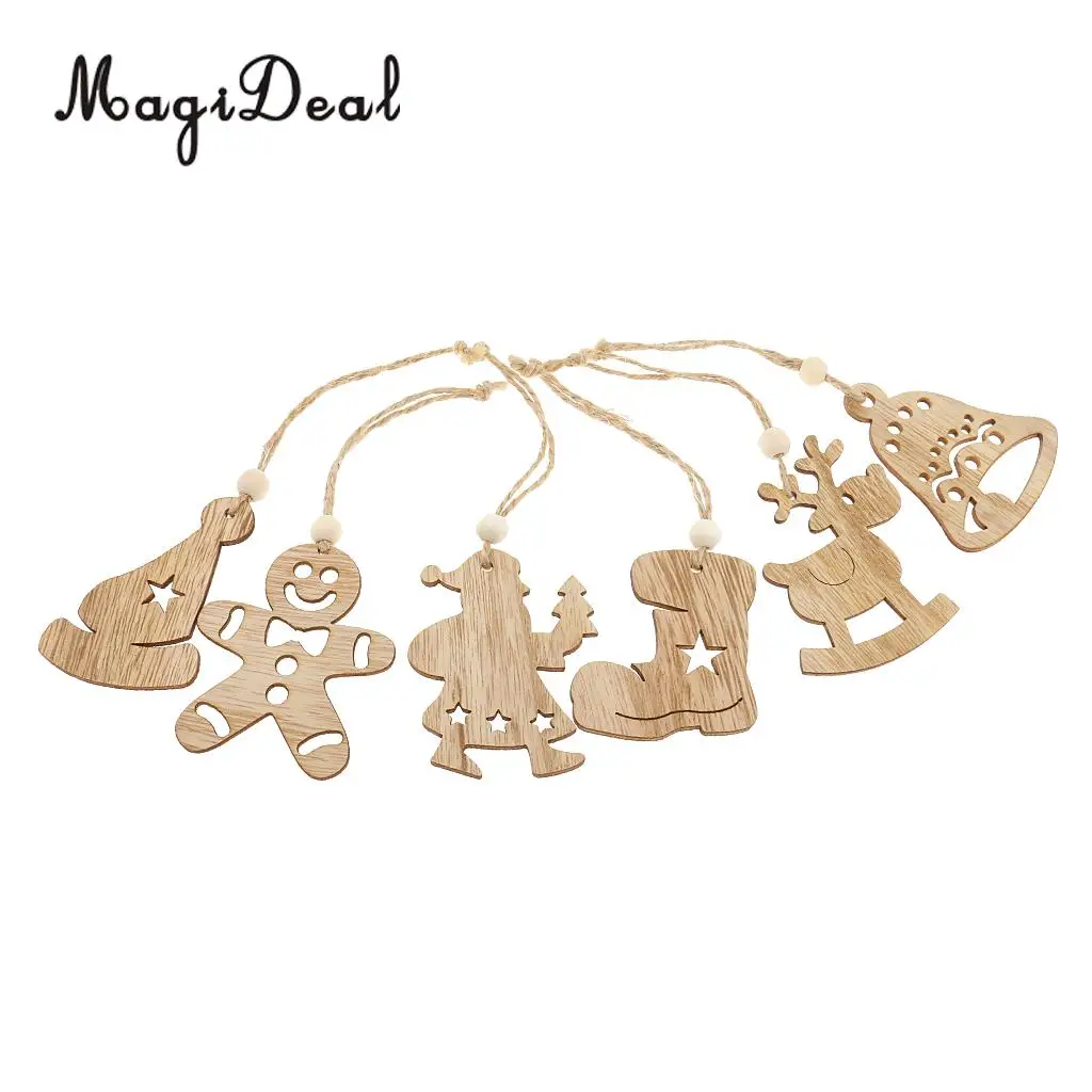 MagiDeal Excellent 6Pcs/Lot Differ Shape Wooden Christmas Tree Home Party Decorations for Xmas Hanging Ornaments Craft Projects