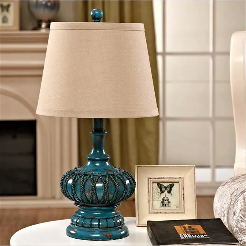  Vintage Rural Blue Resin Fabric Led E27 Table Lamp for Foyer Bedroom Study Mediterranean Sea Countr