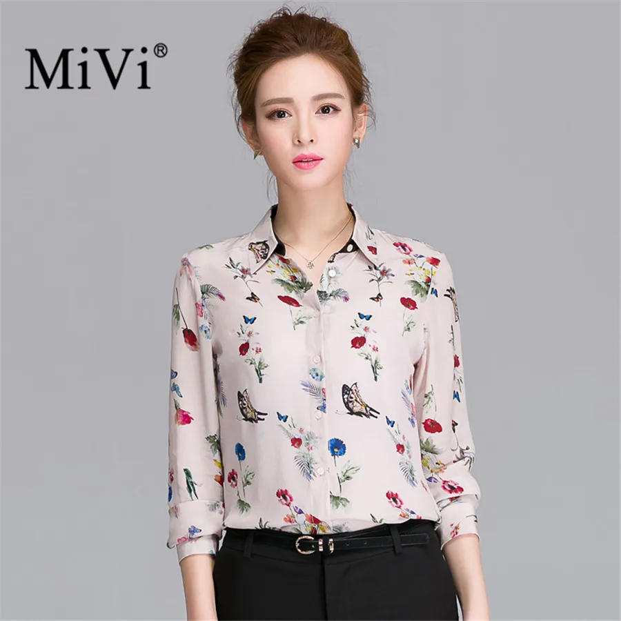 MiVi Brand Silkworm Silk Women Shirts Floral Printed Top Ladies Office
