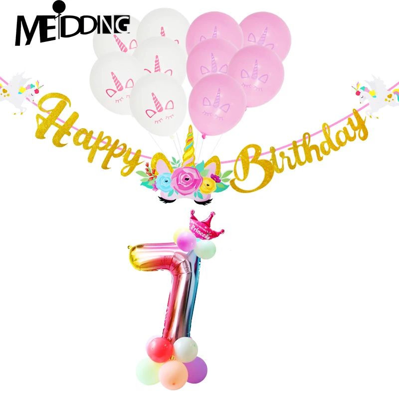 

27pcs/Kit Happy birthday banner with Unicorn balloons Lucky number 7th Kids birthday Latex ballons Baby shower party decor