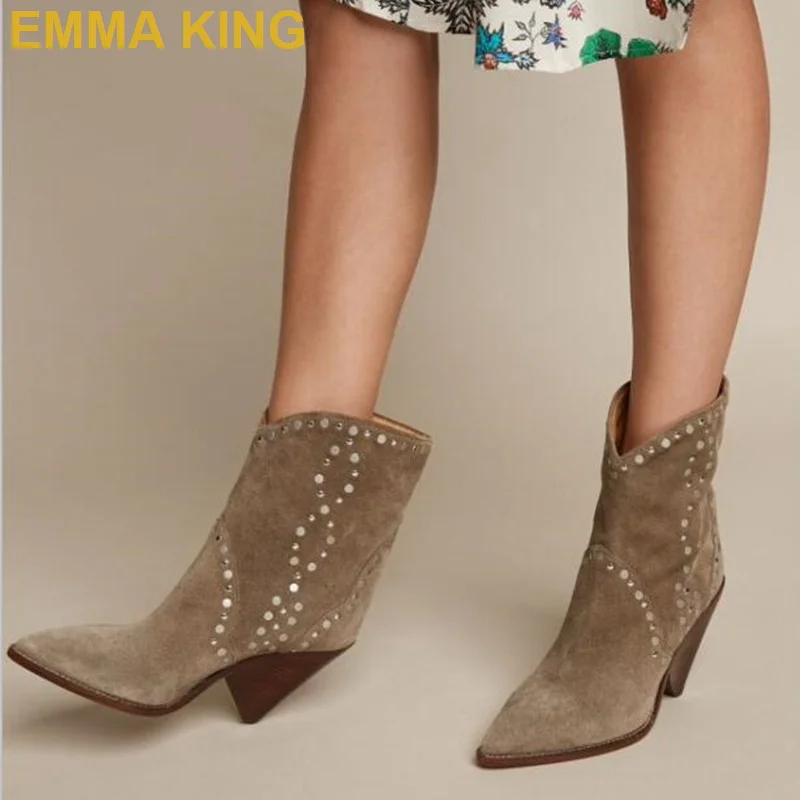 

New Suede Leather Ankle Boots For Women Pointed Toe Spike Heels Cowboy Boots Rivets Studded Slip On Leather Shoes Botines Mujer