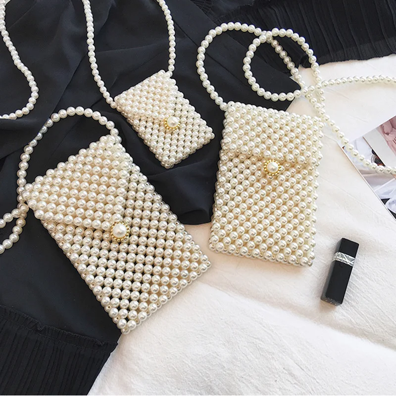 

Crystal Pearl Mini Messenger Bags Personality Vintage Tiny Crossbody Cross Body Bags Handmade Knitting Girls Kids Purses Wallets