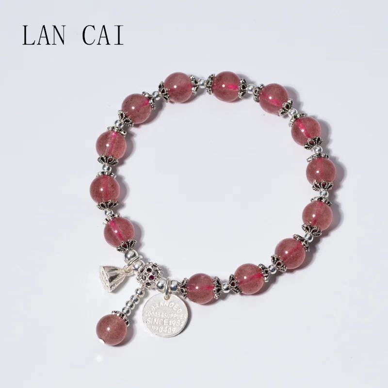 

Vintage Natural Strawberry Quartz Beads Bracelet 925 Sterling Silver Lotus Seed Pod Pendant Bracelets LAN CAI Jewelry for Women