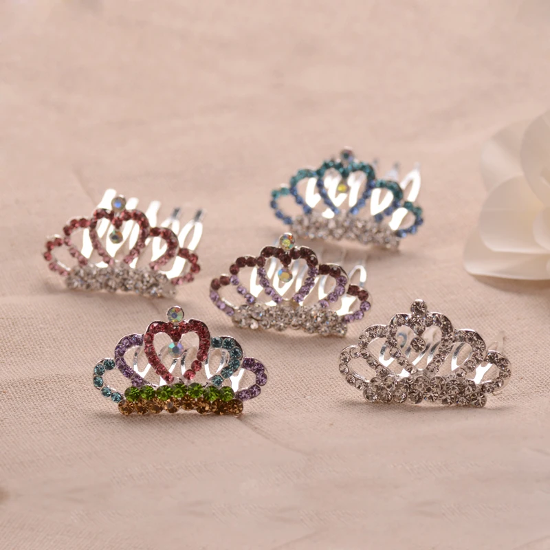 Colorful Rhinestone Metal Mini Crown Hair Combs For Girls Fashion
