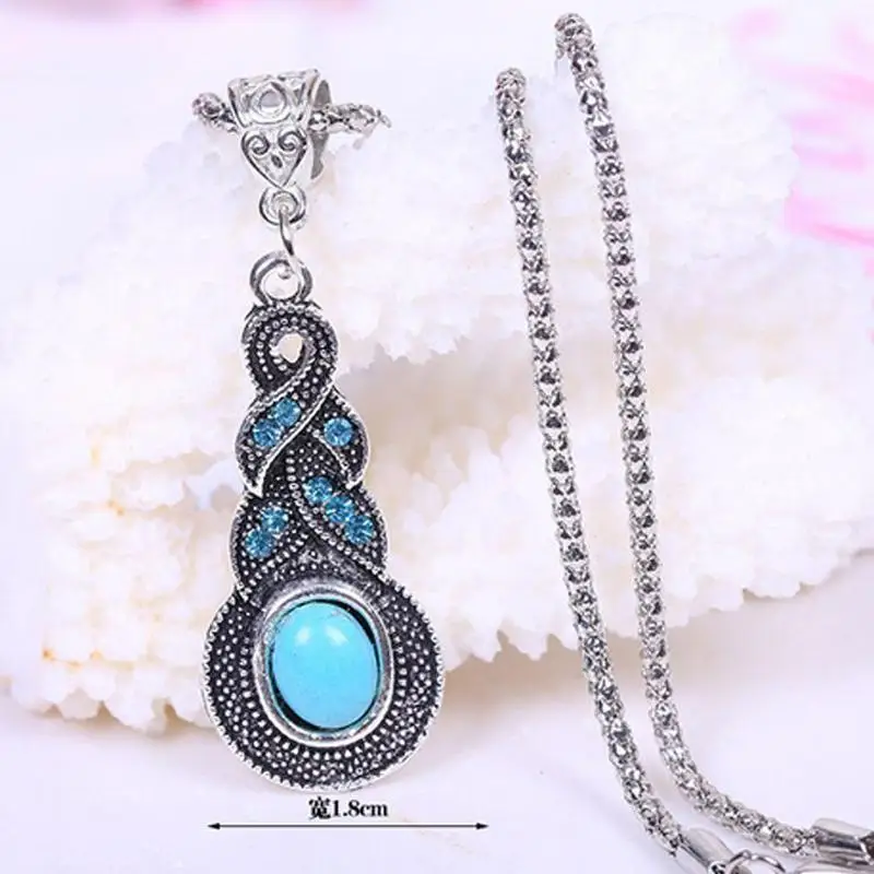 Vintage Charms Women Silver Long Chain Ethnic Tibetan Crystal Turquoise Water Drop Shape Pendant Necklace Bohemian Jewelry