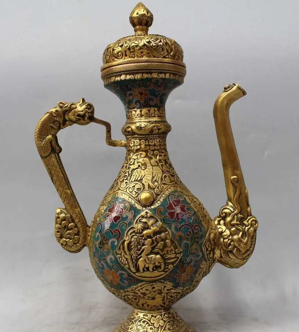 

14" Marked Chinese China Cloisonne Purple Bronze Dragon Wine Tea Pot Flagon