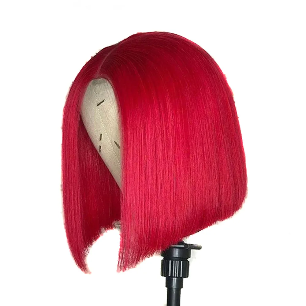 

SimBeauty Short Bob Red Straight Brazilian Remy Pre Plucked Natural Hairline Bleach With Baby Hair Lace Front Human Hair Wigs