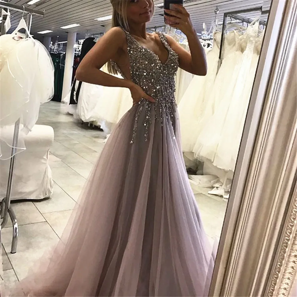 

Sliver Crystals Evening Dresses 2019 Backless Tulle Beaded High Split Prom Gowns Vestido Longo Festa Vestido De Noche 2019