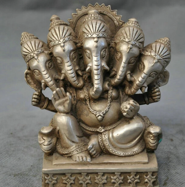 

Free shipping 5" Chinese Silver Bronze Buddism Five Head Elephant God of wealth Statue R0712 Discount 35%