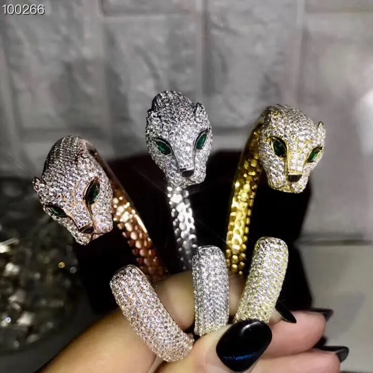 

Hot brand replica jewelry leopard bracelet copper full zircon green eyes cuff bangles famous brand party jewelry