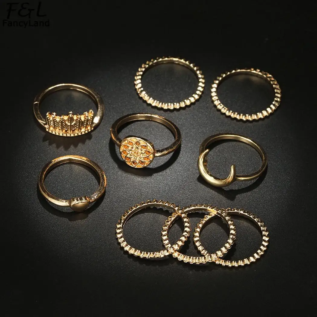 Modyle 9 pc/set Bohemian Gold Color Flower Rings Set for Women Geometric Alloy Knuckle Midi Rings Boho Jewelry