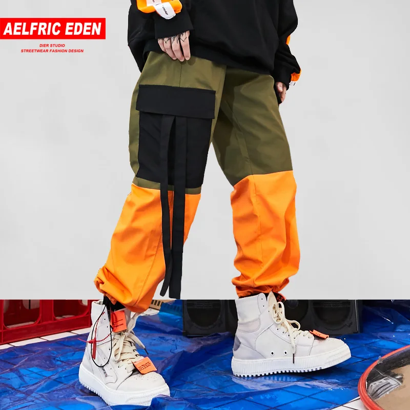 

AELFRIC 2018 Men Fashion Trousers Track Pants with Side Pockets Harem Joggers Color Block Patchwork Male Casual Streetwear HE20