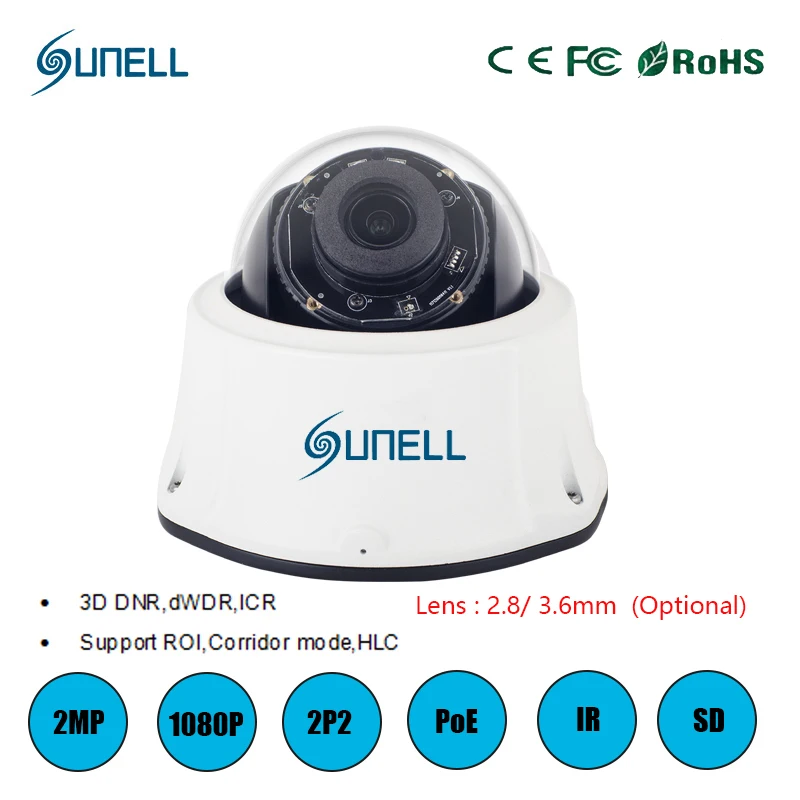  ZK20 Sunell ONVIF 2 MP POE 3.6mm/ 2.8mm IP CAMERA 1080P IR HD With mobile phone CCTV network ip vandalproof dome camera hd IP 