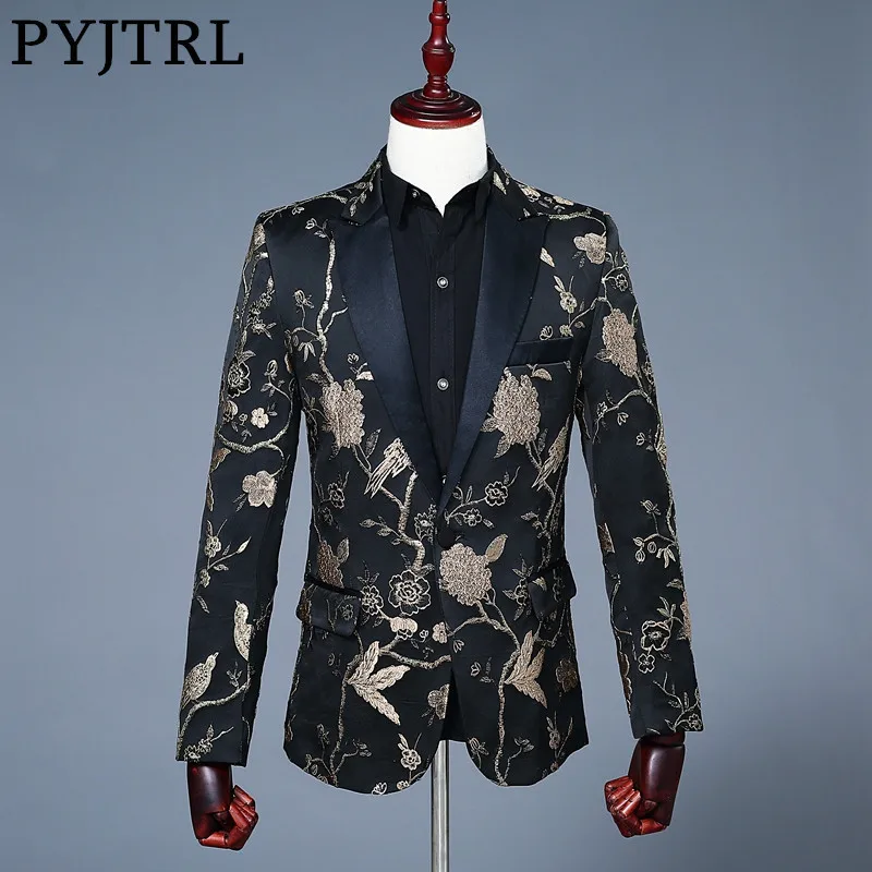 

PYJTRL New Mens Fashion Gold Green Red Jacquard Embroidery Woodpecker Pattern Suit Jacket Blazer Stage Clothes For Singers