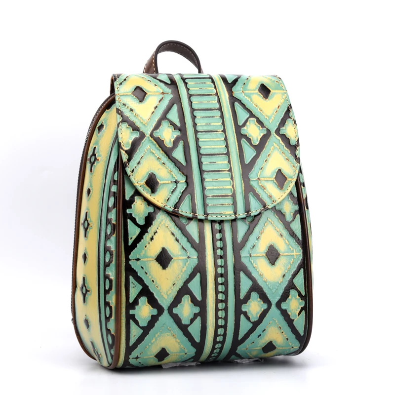 

Unique Embossing Geometric Lattice Designer First Layer Cow Leather Women's Small Street Bag Backpack Girls Travel Back Pack