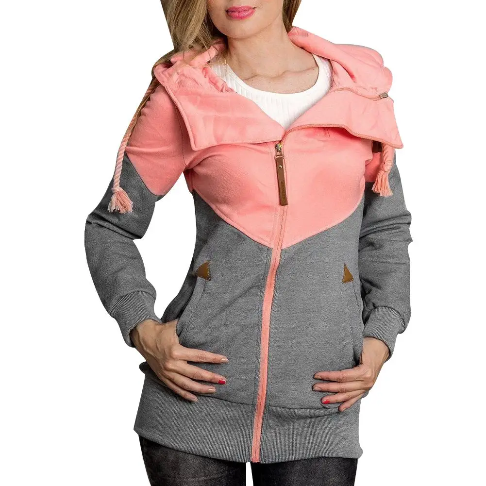 

Fashion Spring Autumn Plus Size Women Color Block Hooded Jacket With Zipper Pocket Long Sleeve Slim Fit Female Sport Casual Coat