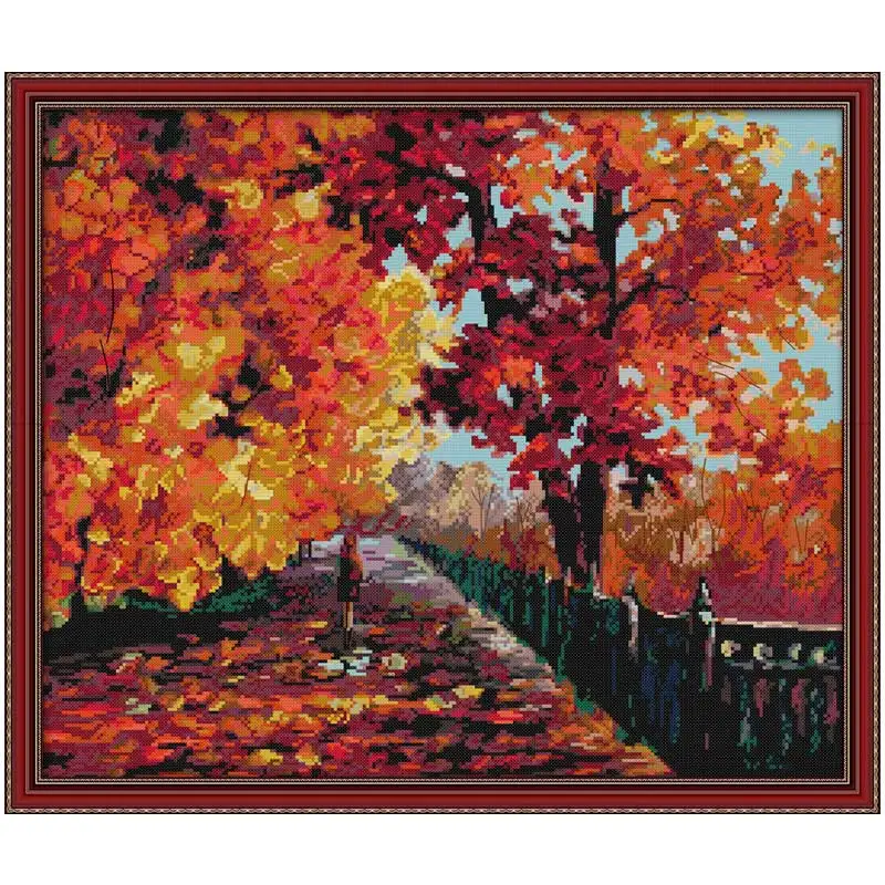 

oneroom Red leaves painting counted 11CT 14CT Cross Stitch Set DIY DMC Scenery Cross-stitch Kit Embroidery Needlework Home Decor