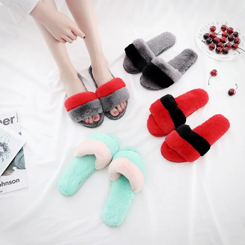 

Oeak Womens Fur Slippers Winter Shoes Home Slipper Plush Women Indoor Warm Fluffy Terlik Cotton Shoe 2018 New