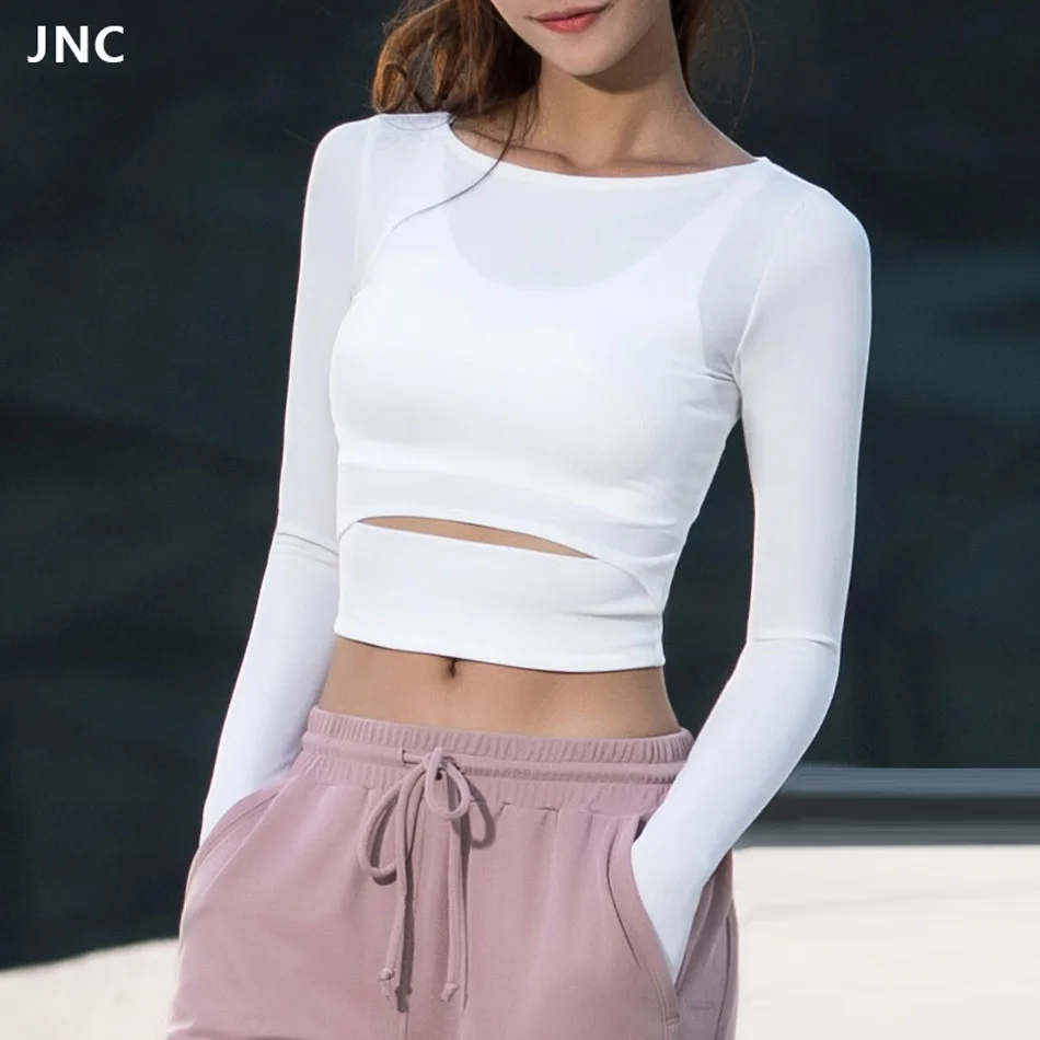 JNC Women Gym White Yoga Crop Tops Yoga Shirts Long Sleeve Workout Tops Fitness Running Sport