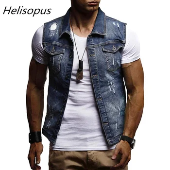 

Helisopus Men Jeans Coat Classic Slim Fit Hole Vest 2018 Autumn Men's Casual Sleeveless Denim Vest