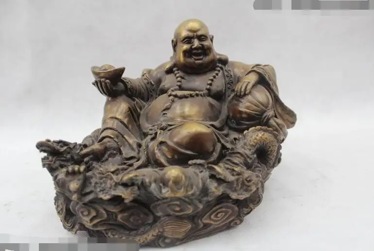 

S06424 7"China Folk Pure Bronze Lucky Money Sit Dragon Maitreya Buddha Statue