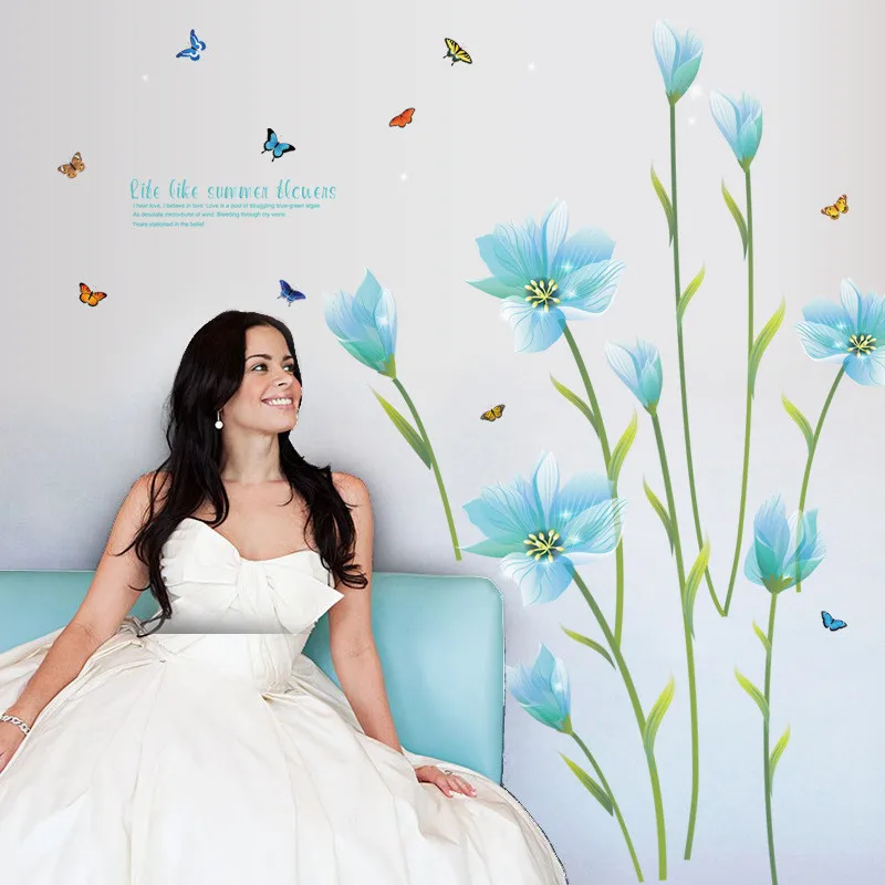 

% Removable Blue Lily butterfly Wall Sticker Home Decor Living Room DIY 3D Wall Decals Art Plant flowerr Art poster wallpaper