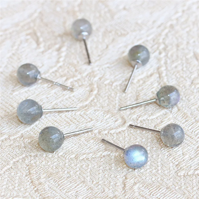 

S925 Real Sterling Silver Stud Earrings Natural Gray Stone Moon Beads Earrings for Women Anti-allergic Fashion Jewelry