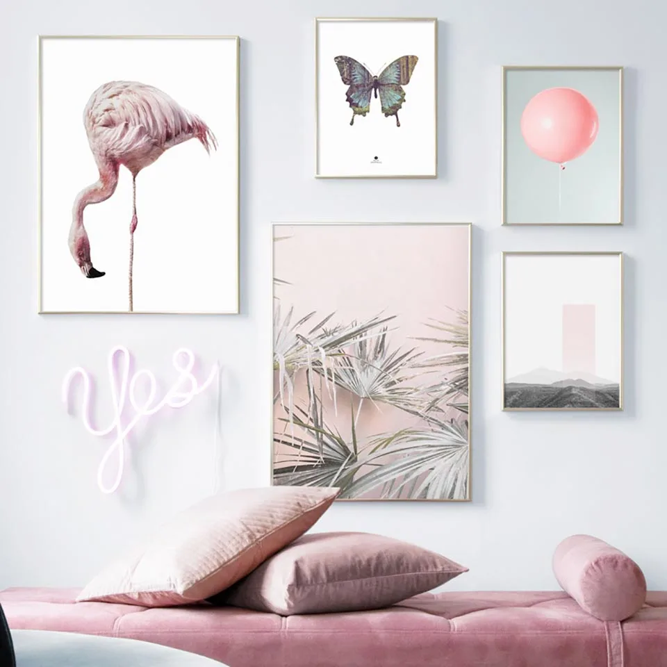 Flamingo-palmier-feuille-rose-ballon-papillon-nordique-affiches-et-impressions-mur-Art-toile-peinture-mur-photos