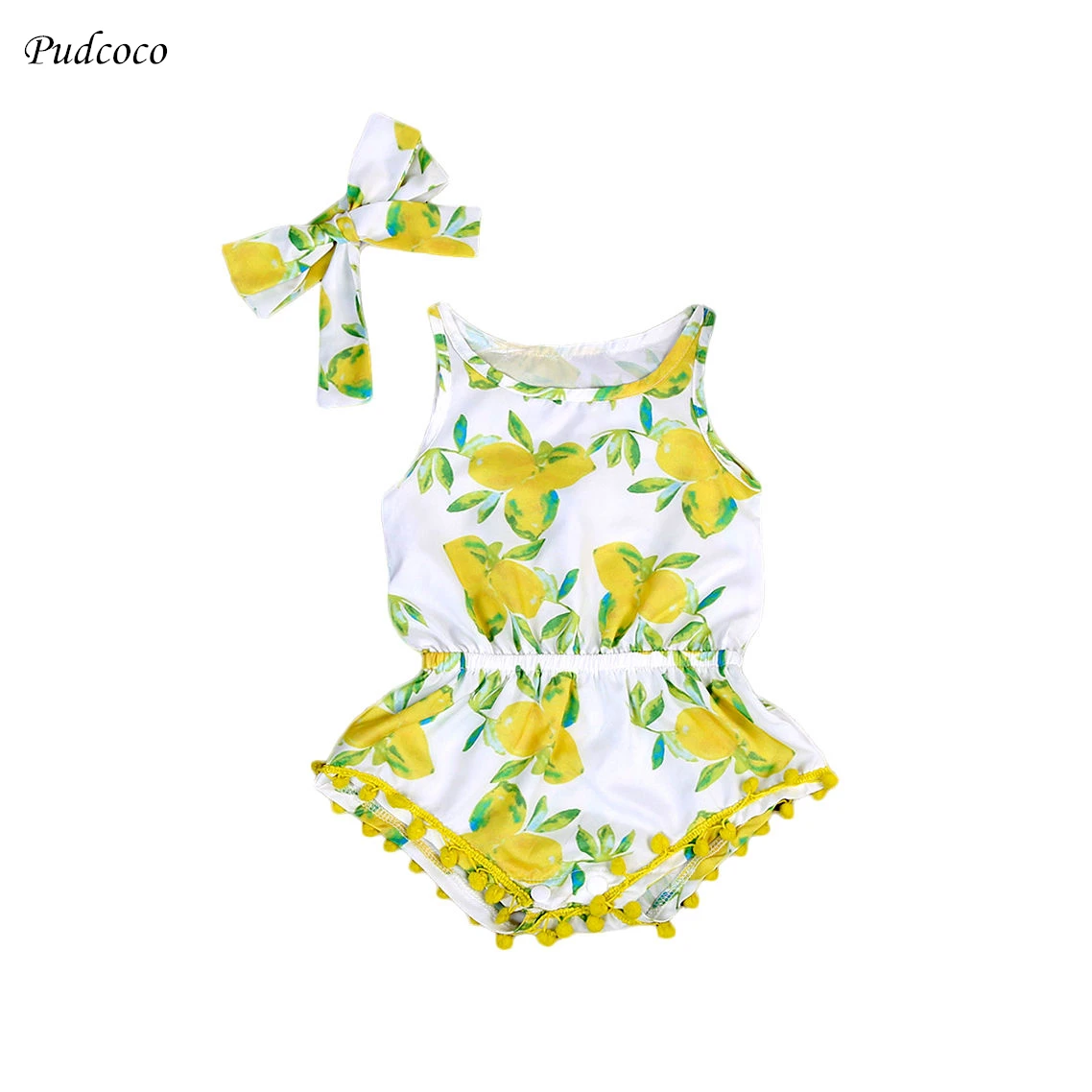 Cute Lemon Print baby clothes Summer Newborn Baby Girl Romper Headband