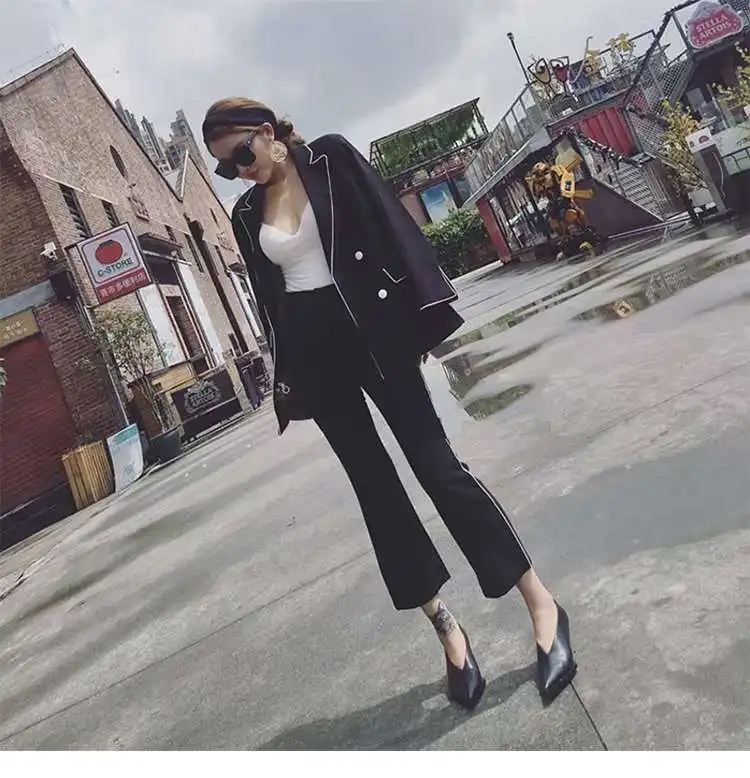 2018 Autumn Winter New Style Lapel Long Sleeved  Jacket  Flare Cuff Pants Office Lady High End Female Two Pcs Suit Female