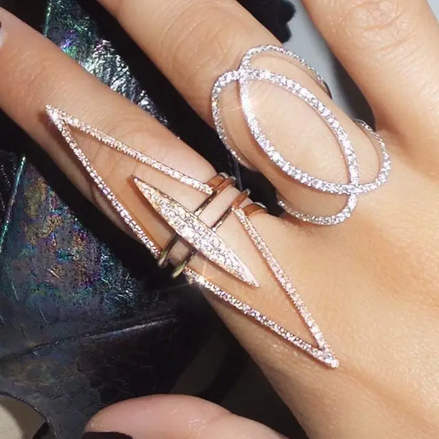 

2018 NEW FULL finger ring for women 3pcs stacking long spike chevron V shape pave clear cubic zirconia fashion elegant jewelry