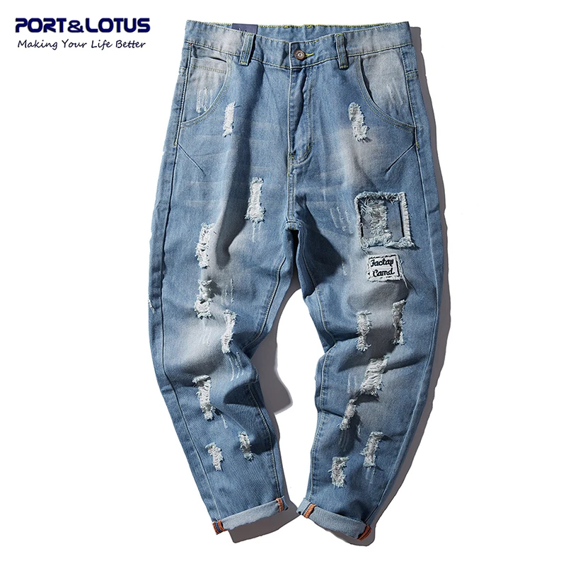 PORT LOTUS Denim Jeans Men Hole Cotton Loose Pants Brand Clothing Fashion Distressed Long Pants Men