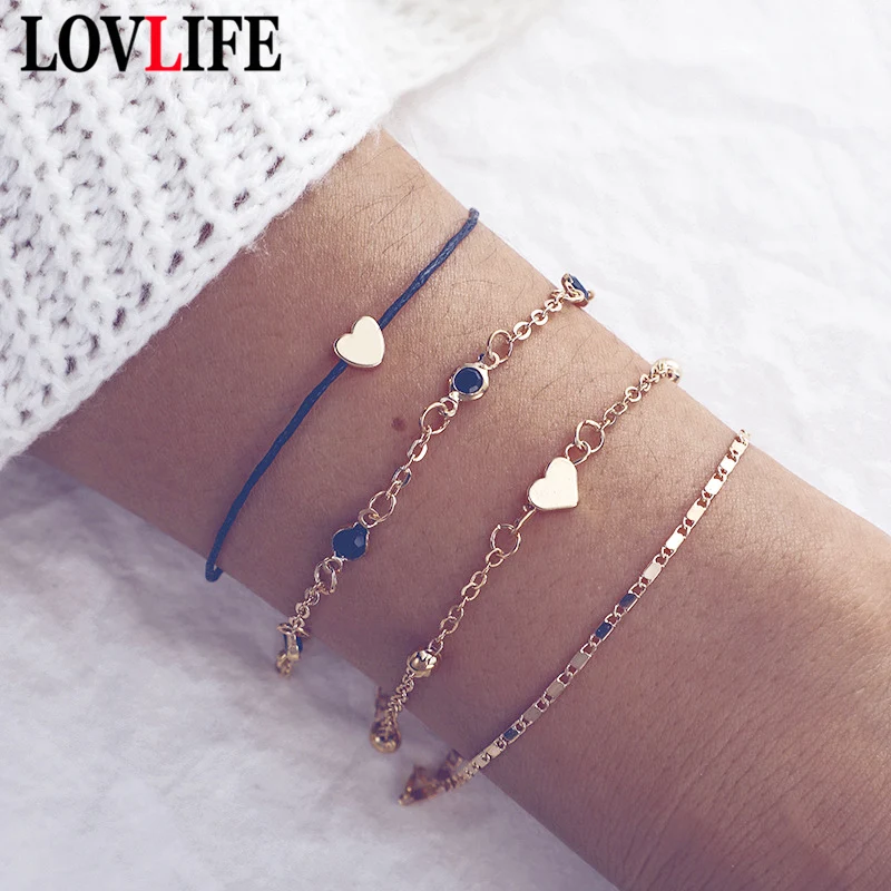 

4pcs/set Simple Fashion Geometric Heart Black String Gold Color Chain Bracelets Set for Women Bracelet Sets Jewelry Accessories