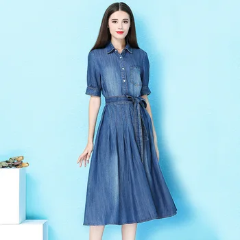 

Nordic winds 2019 popular dress summer single-breasted tencel denim dress high waist belt slimming a-line dress summer NW19B6196