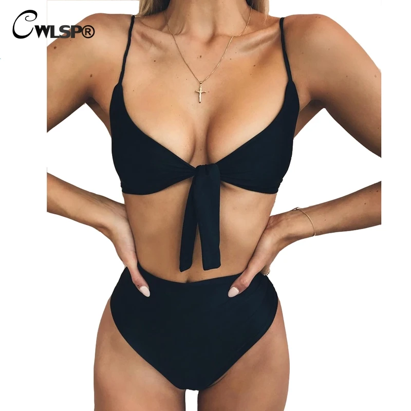 

CWLSP 4 Colors Solid Lace up Women Summer 2 Piece Set Front Tie Sexy Swimwear push up Beach Bathing Suit QL3755