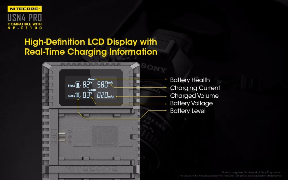 Nitecore USN4 Pro Двойной слот USB QC зарядное устройство для sony a7 III, a7R III, a9(ILCE-9) Совместимость с NP-FZ100 аккумуляторами