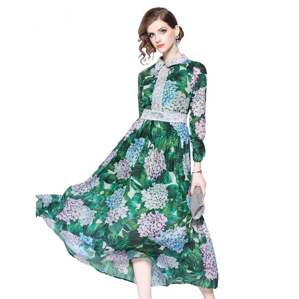 

HAMALIEL High Quality Chiffon Patchwork Lace Long Dress 2019 Spring Summer Green Printed Leaf Hydrangea Dress Women Sundress