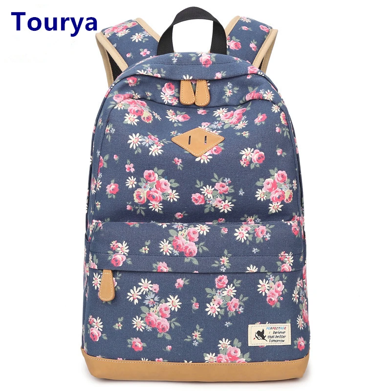 Tourya Vintage Canvas Women Backpack School Bags Schoolbag For Teenagers Girls Floral Printing Travel Laptop Bagpack Mochila