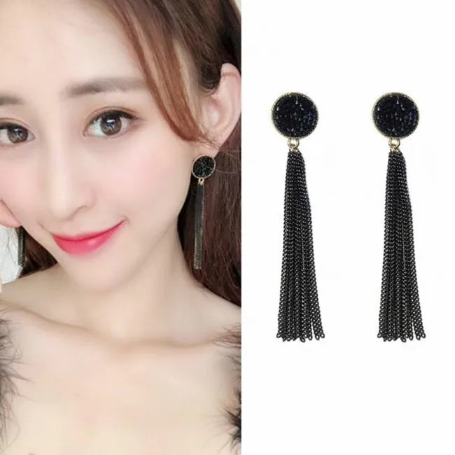 

ex494 Europe Vintage simple geometric round matte black crystal exaggerated tassel chain article long earrings female jewelry