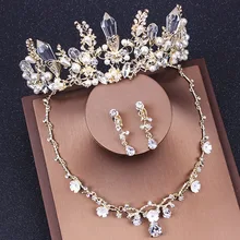 Корейский свадебный ювелирный набор для невесты, аксессуары, ожерелье, наборы для женщин, золото, барокко, кристалл, принцесса, королевская тиара и корона, набор