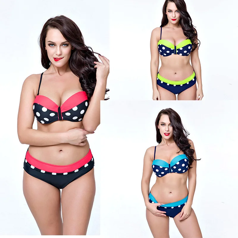 

Hot Sale 2017 New Plus Size Dot Printed Bikini 2XL 3XL 4XL 5XL 6XL Wire Free With Padded Wholesale Swimwear Women Push Up