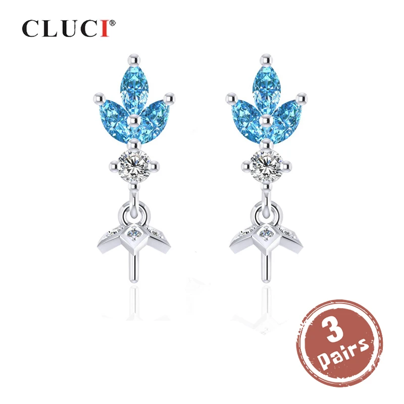 

CLUCI 3 pair wholesale Blue 925 Silver Zircon Earrings For Women Pearl Mounting Women Wedding Jewelry Drop Earring SE087SB