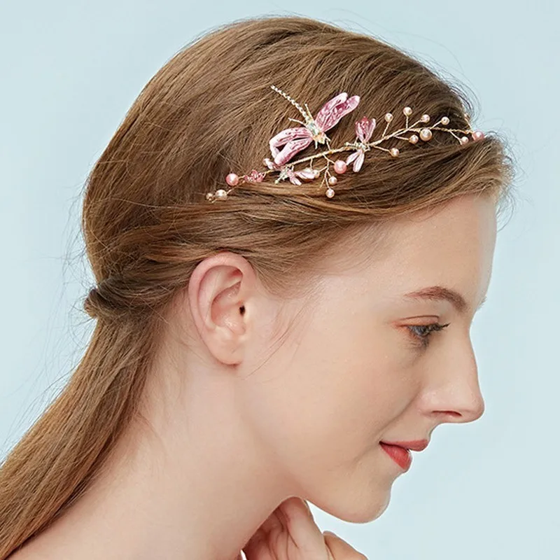 Бусины Свадебная лоза свадебный головной убор розовый Стрекоза головной убор обруч жемчужный для невесты женские аксессуары для волос