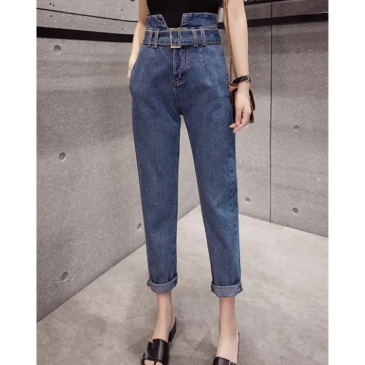 Hot Sale Plus Size New High Waist Harem Jeans Women Fashion Belt Pockets Denim Pants Casual Solid Loose Trousers